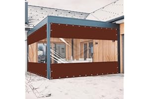 Ezcasch 20 Oz Outdoor Vinyl Curtain, Outdoor Clear Panel Curtain, Weather Resistant Outdoor Curtain for Pergola, Porch, Gazebos, with Rustproof Grommets (8'H x 10'W, Brown)