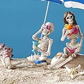 Summer Decorations Halloween Skeleton Statue - Collectible Figurines Summerween Couple with Dangling Leg Bikini Sunglass 7.5H in Perfect for Coastal Tropical Ocean Beach Pool Decor Newman House Studio