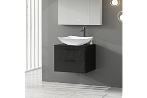 eclife 24" Floating Bathroom Vanities with Sink Combo, Wall Mounted Modern Cabinet W/Diamond Line Pattern Design, White Curved Ceramic Vessel Sink W/Water Save Faucet & Pop Up Drain, Black