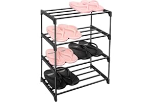 LNYZQUS Upgrade 4-Tier Small Shoe Rack, Metal Stackable Kids Shoe Shelf Storage Shoe Stand Organizer for Closet Entryway Hallway,Zapateras Organizer for Shoes(Black)