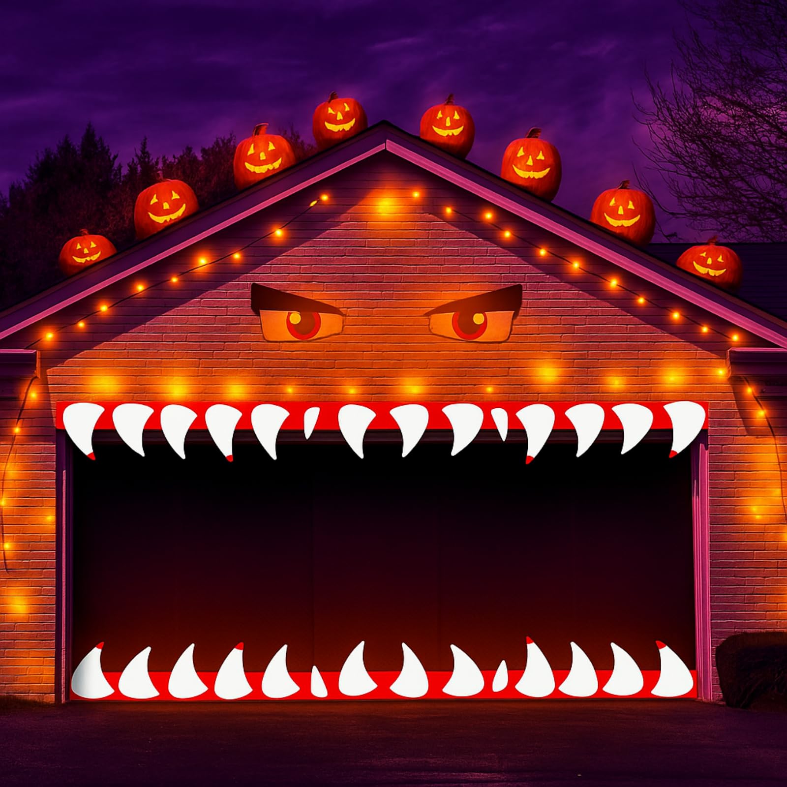Photo 1 of Humyoun Halloween Monster Face Garage Door Cover Decoration Large Eyes Fangs Monster Face Garage Door Banner Cover Outdoor Indoor Decoration Archway Car Decor 9 x 4.5 ft for Halloween Party Backdrop