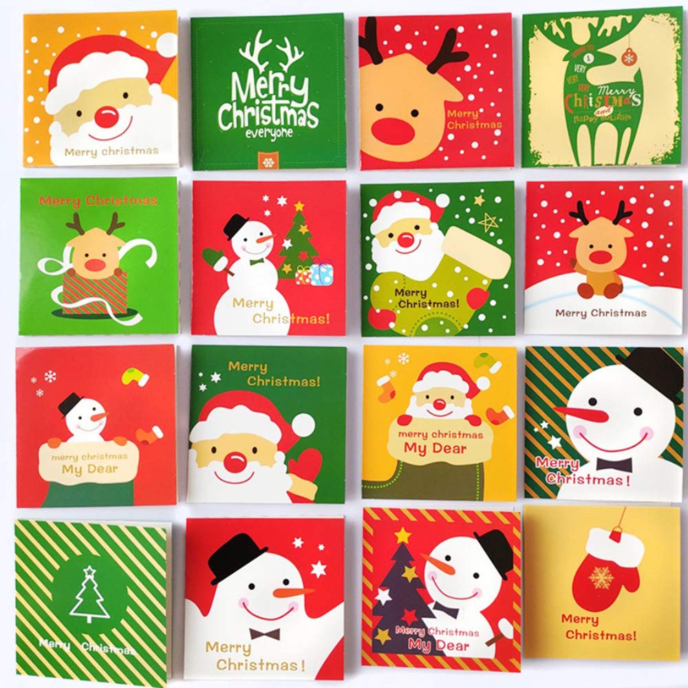 16 Pack Mini Size Merry Christmas Greeting Cards & Envelopes, 3.3" x 3.3" Size, Merry Christmas Cartoon Holiday Style Greetings Cards, Pack of 16, 2020