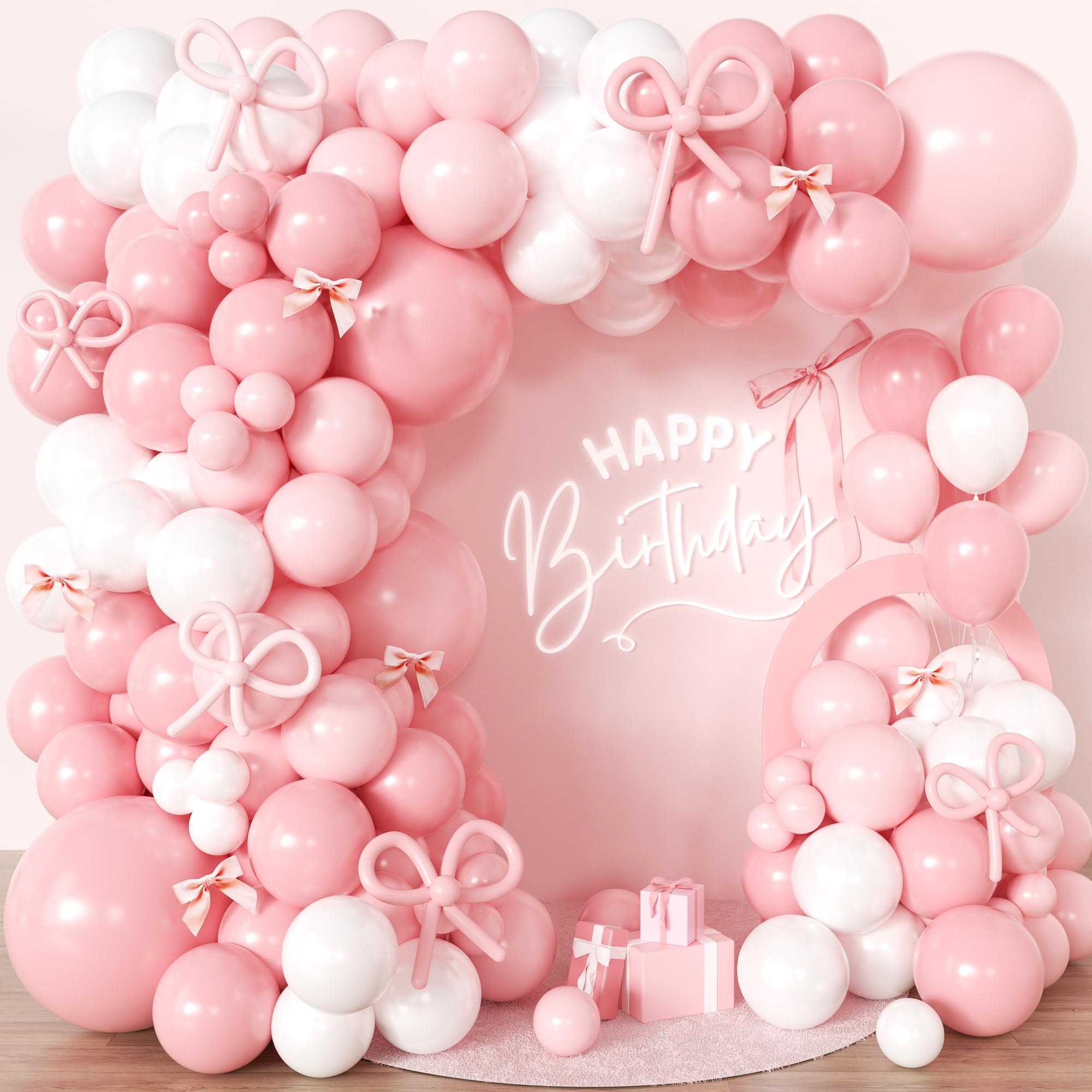 Photo 1 of 110pcs Coquette Pink Bow Balloon Garland Arch Kit with DIY 3D Ribbon Bows, 18/12/10/5 Inch Pastel Pink & White Latex Balloons for Girl Baby Shower, 1st Birthday, Balletcore Princess Party