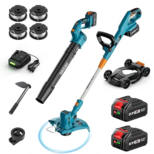 SEESII Electric String Trimmer and Leaf Blower Combo Kit, 3 in 1 Cordless Weed Wacker Grass Eater with 1.3"/2.1" Height, Battery 12" Lawn Mower & Rotary Handheld Blower with 5-Speed for Yard Lawn