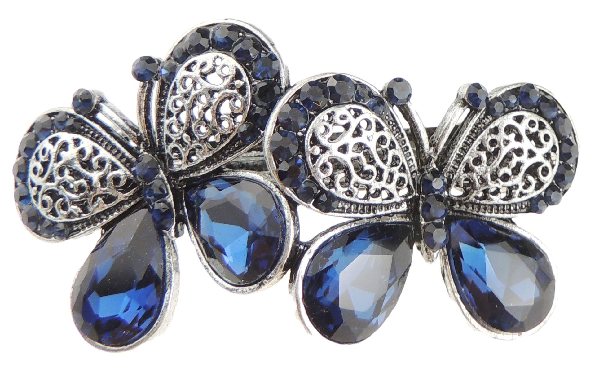 Ladies Vintage Look Dark Silver Tone Metal 6cm Hair Barrette Clip Butterfly Blue