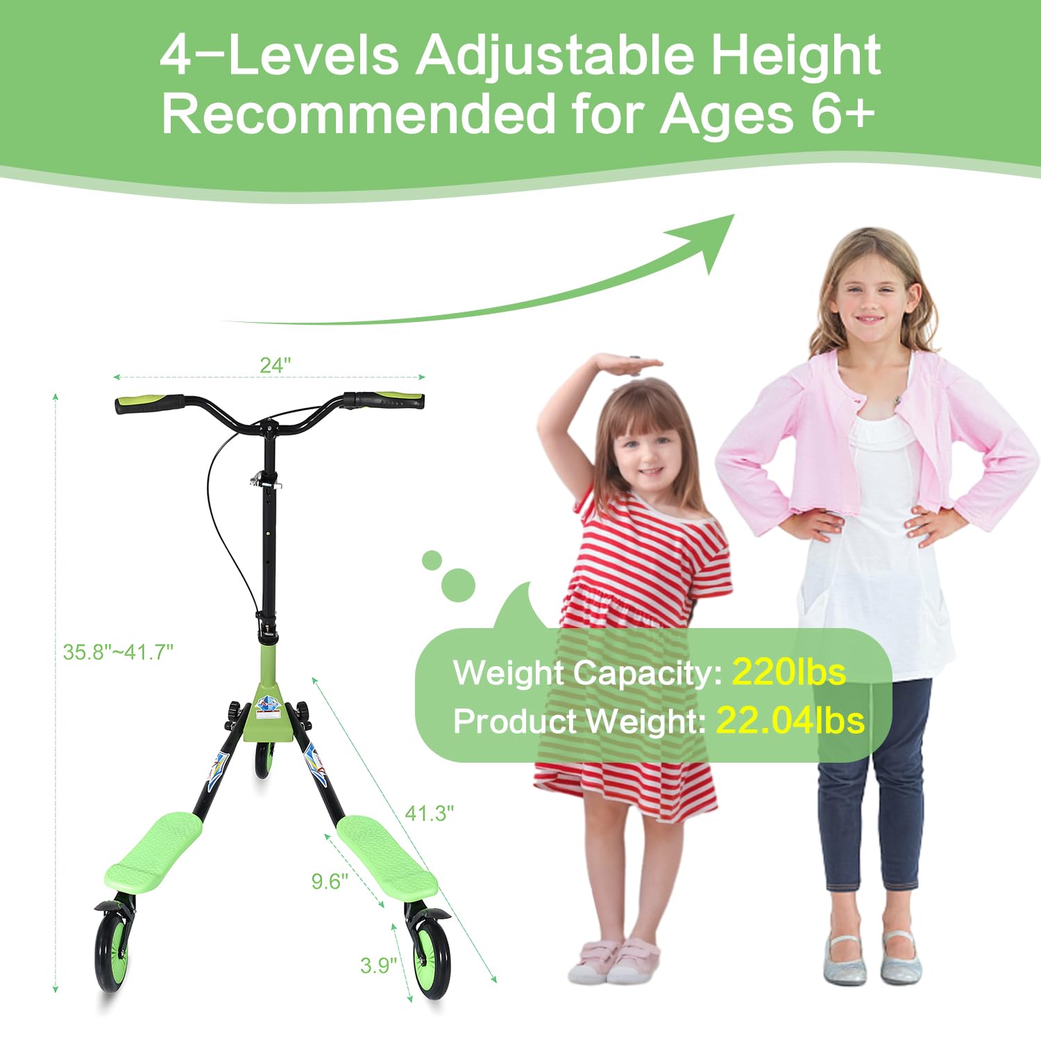 Swing Wiggle Scooter, 3 Wheels Drifting Folding Kick Scooter with 4-Level Adjustable Height/Foldable for Kids/Woman/Men Age 6+ Years Old