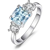 JewelryPalace Cushion Cut 2.6ct Genuine Blue Topaz 3 stones Rings for Her, 14K White Yellow Rose Gold Plated 925 Sterling Silver Promise Ring for Women, Natural Gemstone Jewelry Sets Rings