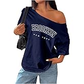 SHENHE Women's Oversized Off The Shoulder T Shirt Letter Print Graphic Short Sleeve Vintage Tee