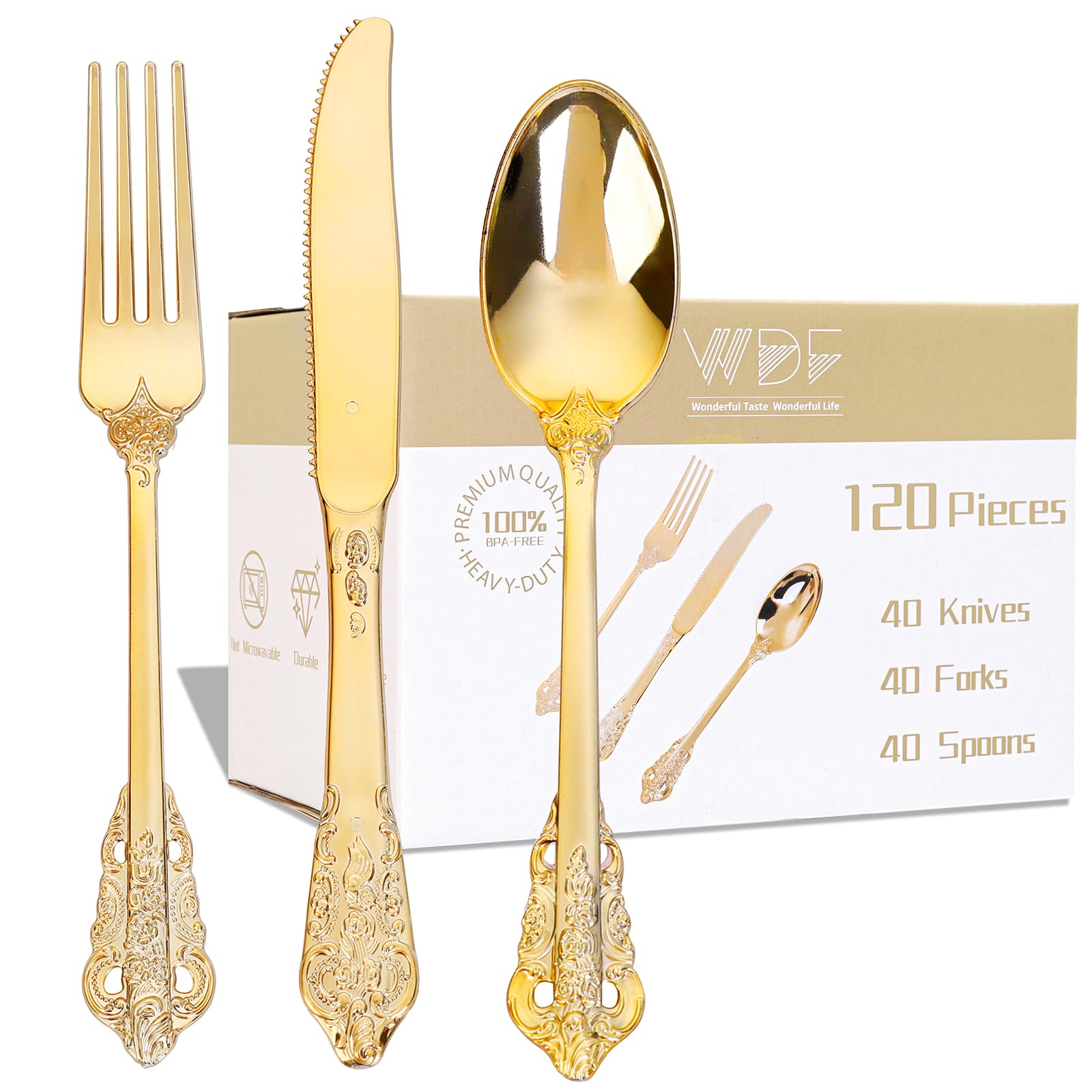 Photo 1 of WDF 120PCS Gold Plastic Silverware - Heavy Duty Gold Plastic Cutlery Set Gold Disposable Utensils - 40 Gold Forks, 40 Gold Spoons, 40 Gold Knives, Perfect for Party/Weeding and Daily Use