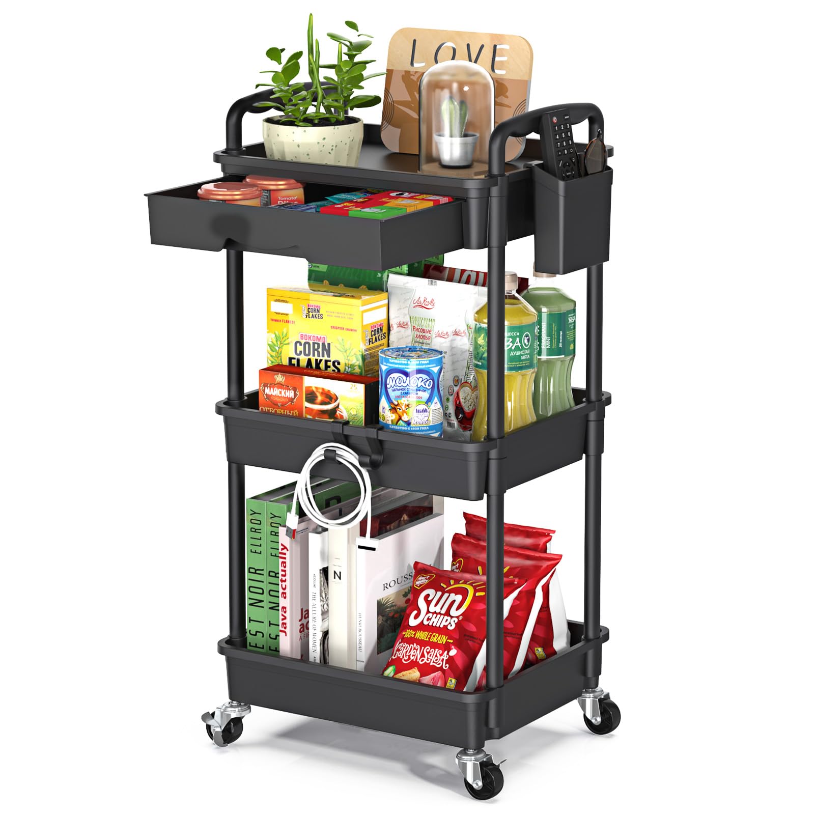 Photo 1 of EaseSky Rolling Utility Cart with Drawer 3 Tier, Utility Storage Organizer with Plastic Shelf & Lockable Wheels Multifunctional Storage Cart for Kitchen, Bathroom, Office, Living Room, Black