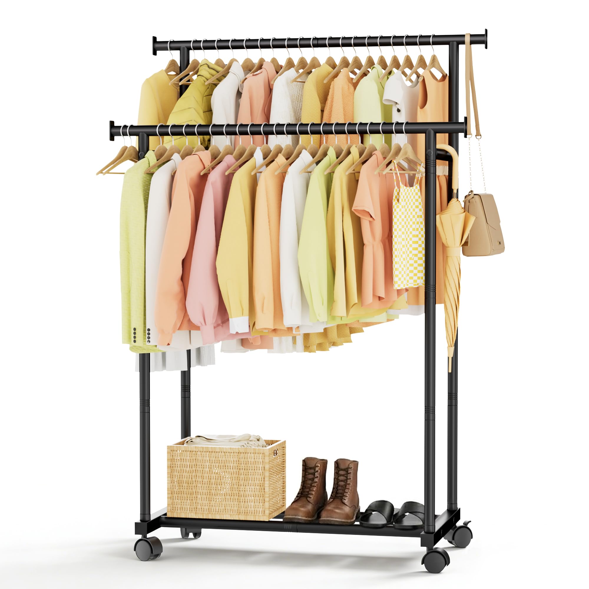 Double Rods Clothes Rack with Wheels, Rolling Clothing Rack for Hanging ...