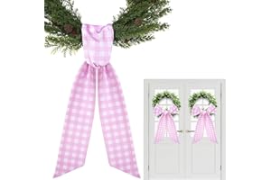 PARTYFORU Pink Wreath Sash for Front Door - 2 Pcs Cotton Plaid Sashes for Wreaths Baby Shower Girl, 55.5 Inch Check Wreath Sash for DIY Embroidery Monogram Bow Party Home Decor