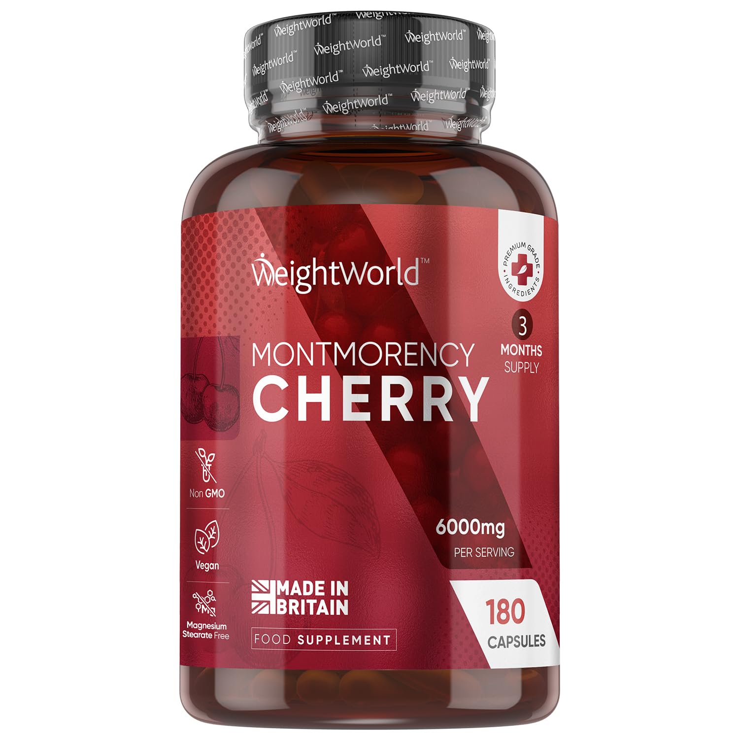 Montmorency Cherry Capsules 6000mg - 180 Tart Cherry Capsules - 3 Months Supply - Vegan-Friendly - Non-GMO & Magnesium Stearate-Free - 2 Capsules a Day - for Men & Women