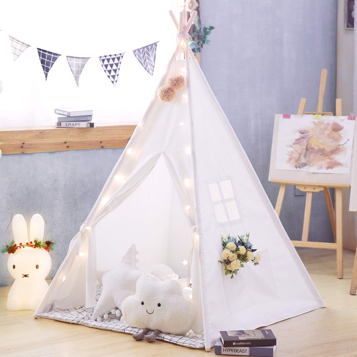TreeBud Kids Teepee Tent with Floor Mat, Banner, Fairy