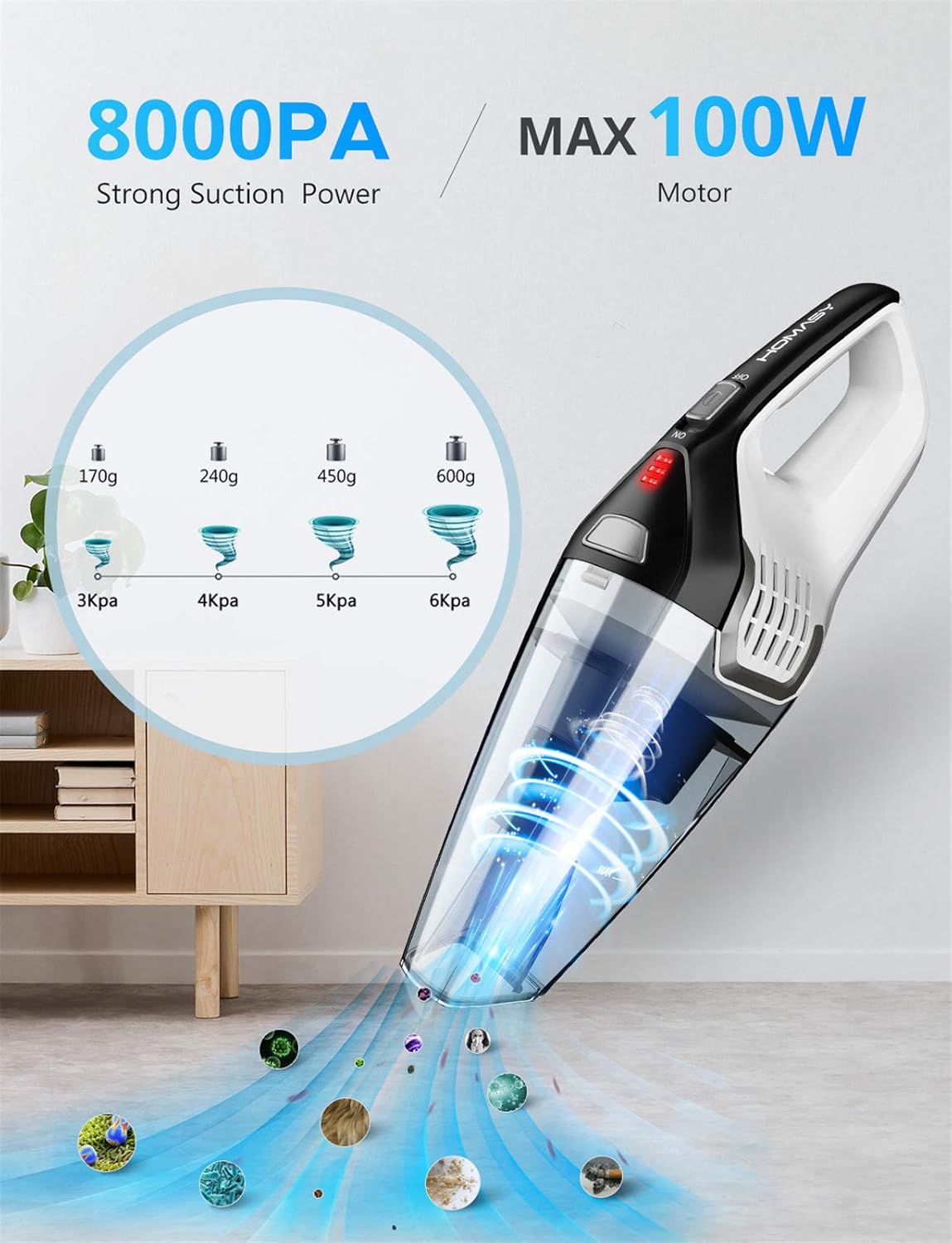 Homasy Handheld Vacuum Cordless, 8Kpa Hand Vacuum with Powerful Cyclonic Suction, Portable Vacuum Cleaner with Long Lasting up to 30mins (Wet&Dry, 3H Charging) for Pet Hair, Dust, Gravel, Home Cleaning -