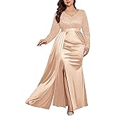 MISSMAY Women's Plus Size Sequins Lace V Neck Long Ruched Satin Slit Mermaid Hem Formal Party Long Dress