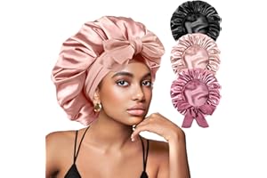 Yanideer 3 pcs Silk Satin Bonnet for Sleeping Double Layer Satin Lined Hair Bonnet with Tie Band for Women Curly Hair