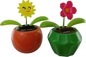 Solar Powered Dancing Flowers (Set of 2) | Red Flower and Solar Powered Sunflower in Orange and Green Flower Pots. | Solar Office, Desk, Kitchen and Patio Décor
