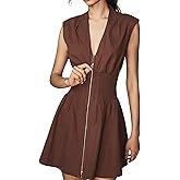 Meyhad Women’s V Neck Summer Dress Cap Sleeve Zipper Mini Dress Smocked Slit Dress with Pockets