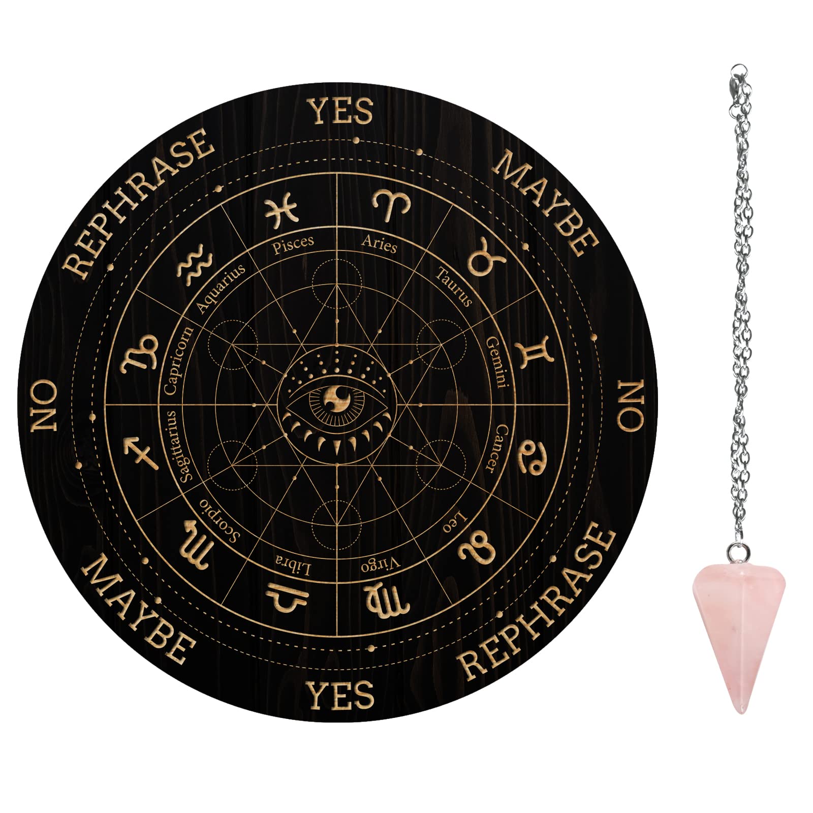 AHANDMAKER Sacred Geometry Eye Pendulum Board, 7.8" Dowsing Divination Metaphysical Message Board Wooden Carven Board with Crystal Pendulum Necklace Divination for Witchcraft Wiccan Altar Supplies Kit
