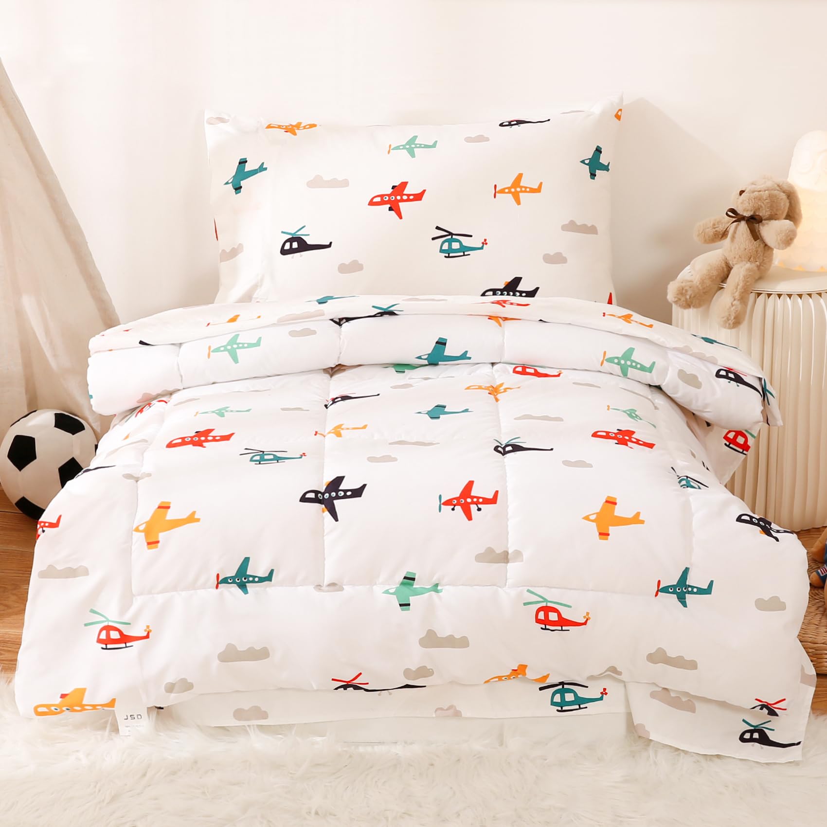 Photo 1 of JSD Airplane Toddler Bedding Set, 4 Piece Bed-in-a-Bag Toddler Comforter Sheet Set, Machine Washable