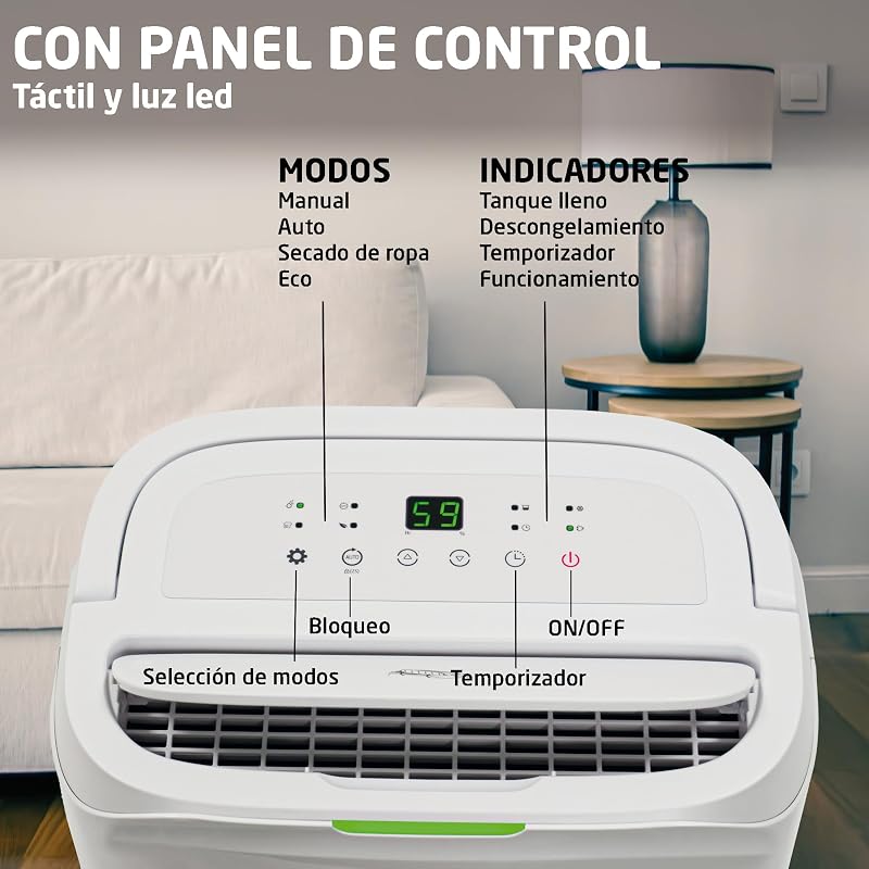 – Deshumidificador MIST - Capacidad 20L/día - Depósito extraíble 5,5L - Control de Humedad y Temporizador - 36 x 28 x 56 cm - 270W - Cobertura 160m3/h - Silencioso 42 dB - Secado de Ropa