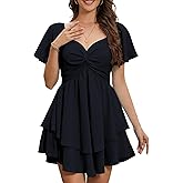 Florboom Women's Sweetheart Knot Front Dress Smocked Back Short Sleeve Layered Boho Chiffon Mini Dresses