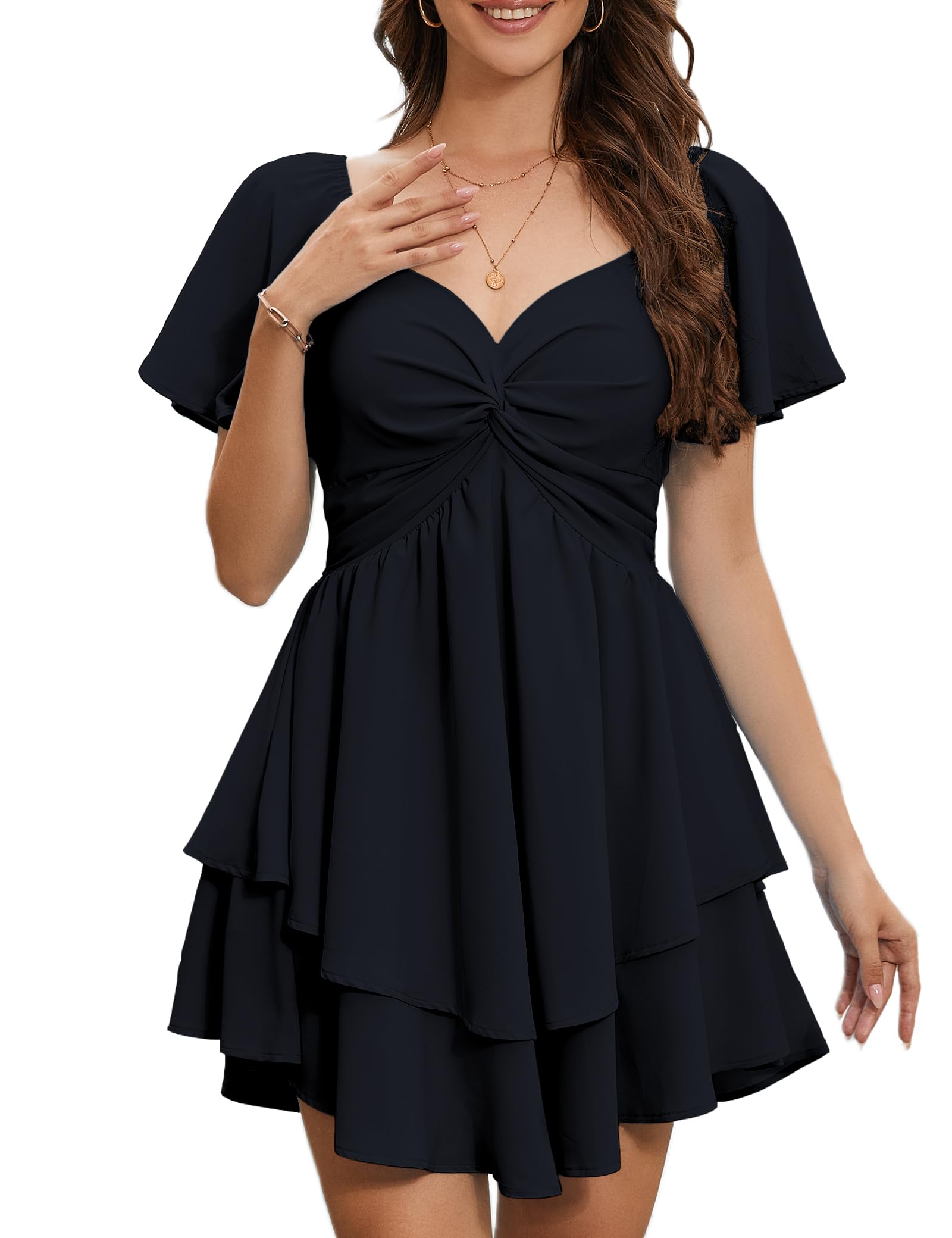 Photo 1 of Florboom Women's Summer Sweetheart Neckline Knot Front Flutter Short Sleeve Layered Sexy Mini Dresses Chiffon Casual Flowy Dress (Black, S)