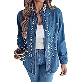 CHICME Womens Pearl Rhinestone Embellished Denim Shirt Long Sleeve Button Down Turn Down Collar Casual Jean