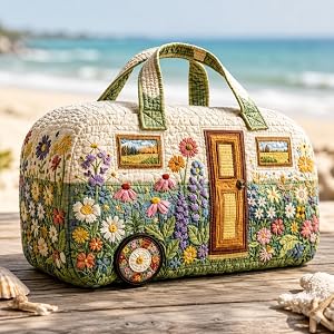 Cute Puppy Quilted Duffel Handbag, Floral Patchwork Travel Tote Bag For Camping, Picnic, Short Trip Daily Storage