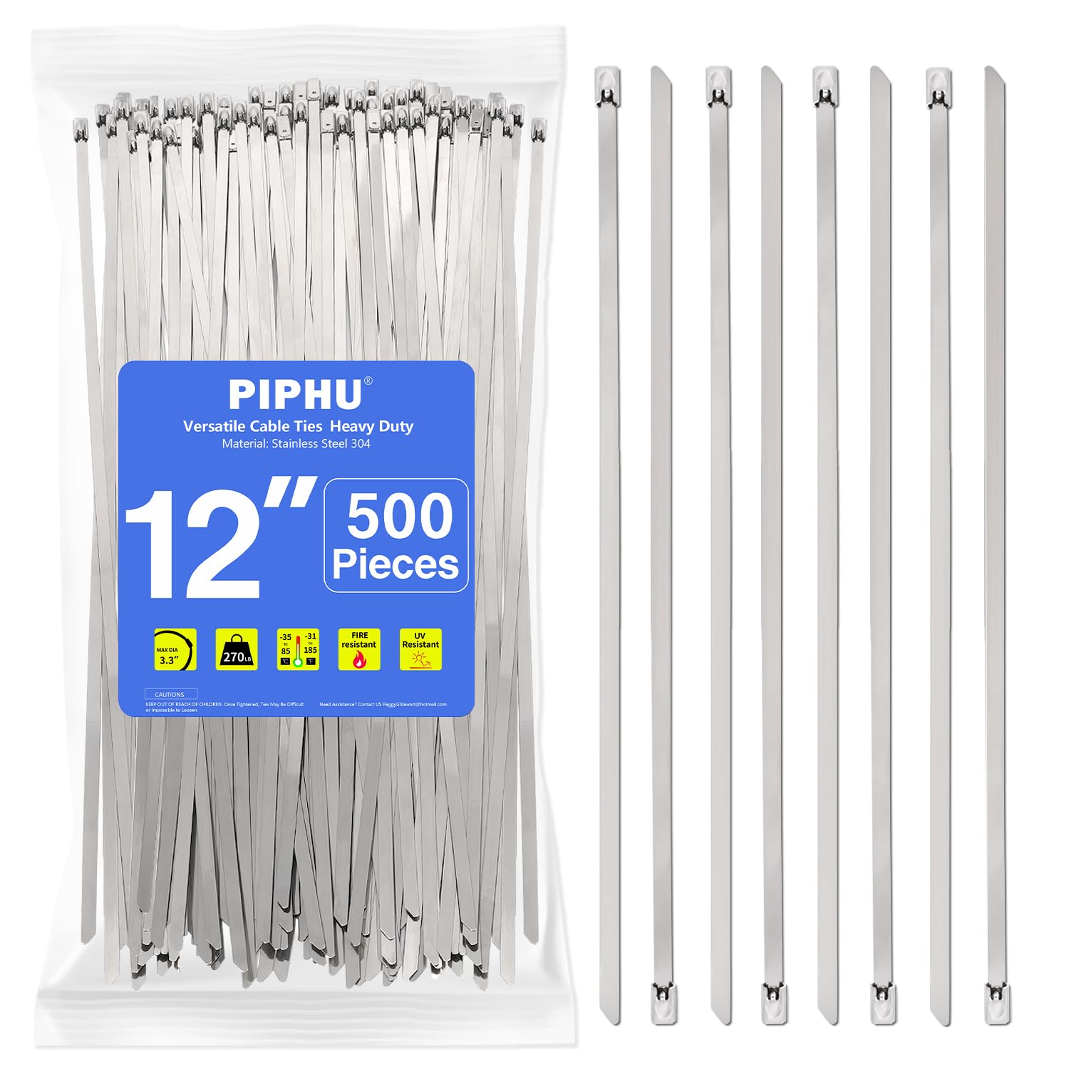 500 Pack Metal Zip Ties 12 Inch 4.6mm UV Resistant Stainless Steel Metal Cable Ties 304 Heavy Duty Zip Ties Wide Load Capacity 270 lbs Suitable for Exhaust Wrapping Fence Outdoor Canopy