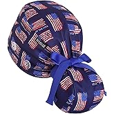 Scrub Caps Women Ponytail – USA Flag Print Double-Sided Printed Surgical Hat with Buttons and Sweatband, Soft Nurse Cap for Long Hair, Helps Reduce Static Buildup