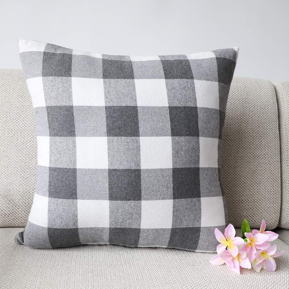 4TH Emotion Set of 2 Farmhouse Buffalo Check Plaid Throw Pillow Covers Cushion Case Cotton Polyester for Sofa Grey and White, 18 x 18 Inches: Home & Kitchen