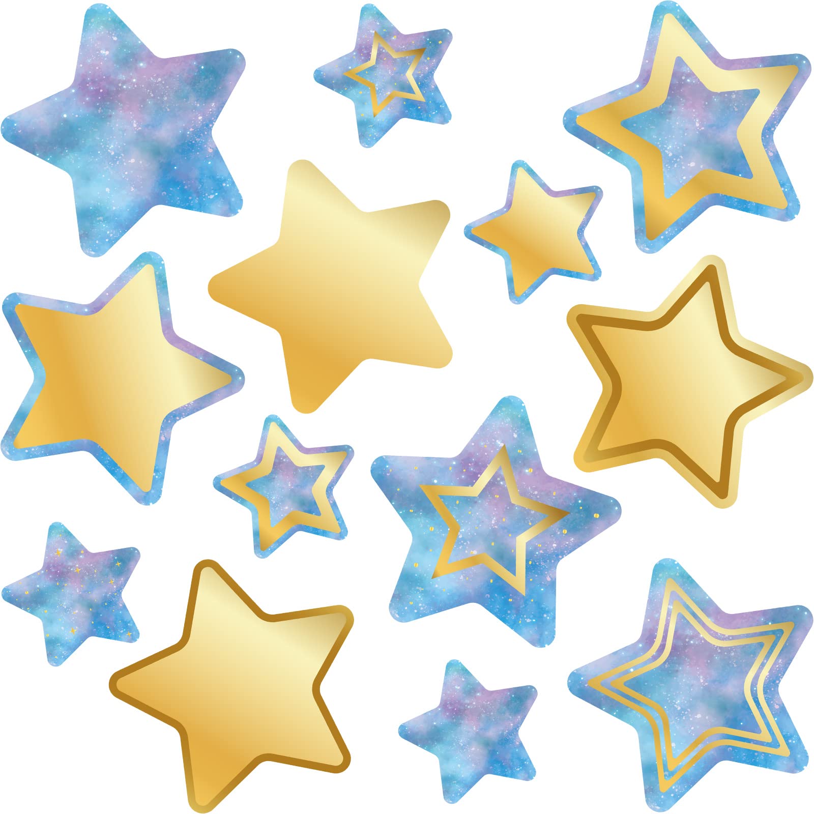 Photo 1 of 72 Pieces Galaxy Star Cutouts Gold Star Accents Name Tag Labels Paper Classroom Bulletin Board Decoration with Glue Points for Preschool Locker Wall Door Back to School Supplies(5.9 inch, 4 inch)