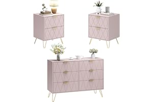 Anbuy 6 Drawer Dresser and Night Stand Sets for Bedroom, Two Drawers Nightstand Set of 2 & 6 Drawer Dresser Combo 3 Pieces (Pink)