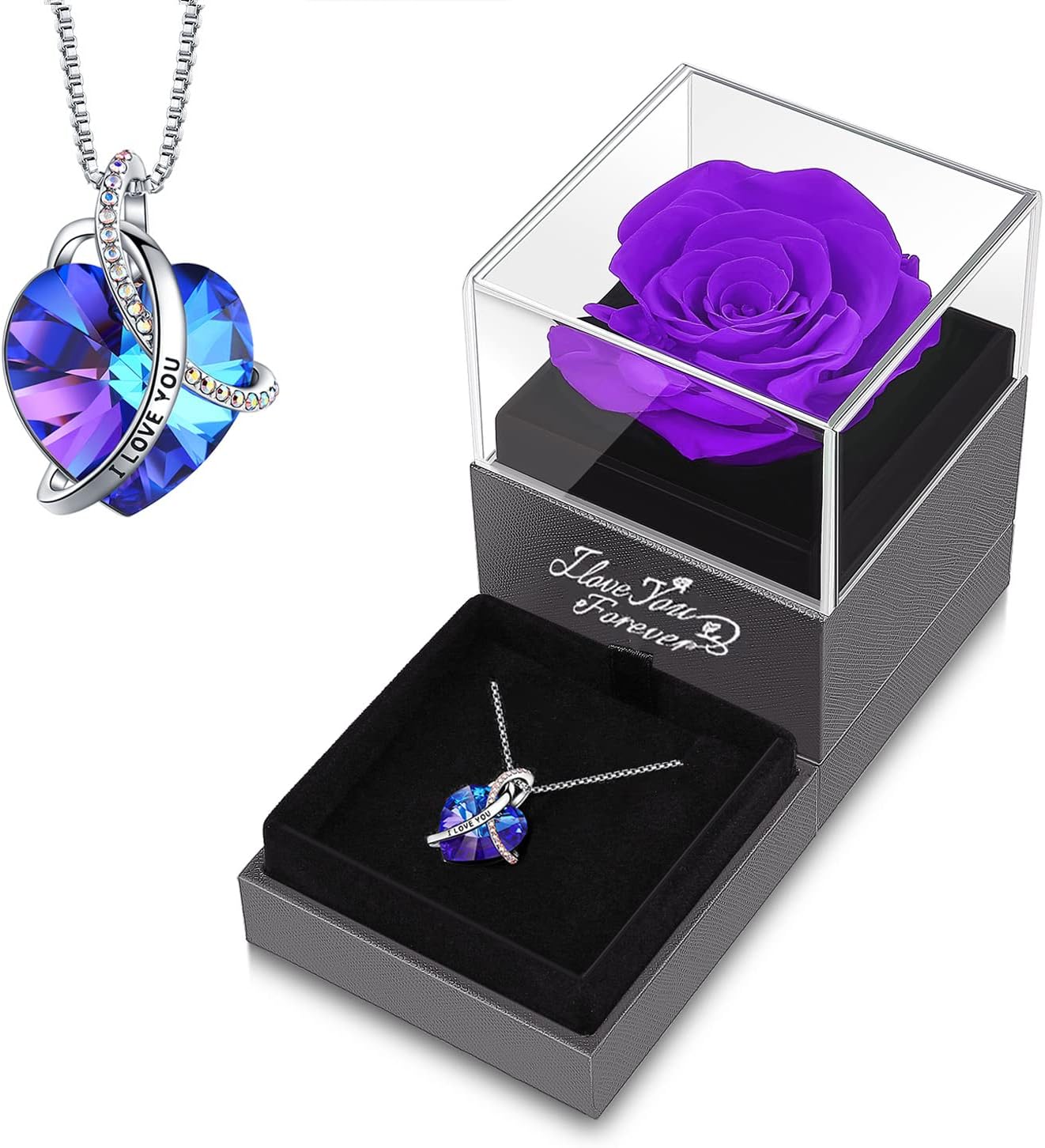 Dried & Preserved Flora - Preserved Real Purple Rose with Heart I Love You Necklace -Eternal Flowers Rose Gifts for Mom Wife Girlfriend Grandma on Birthday Valentines Mothers Day Christmas Anniversary Romantic Gifts for Her