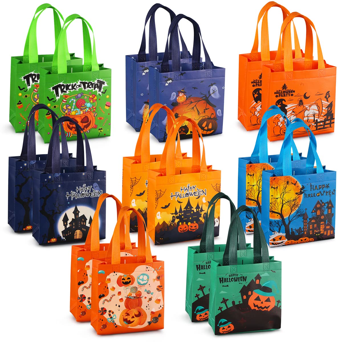 Lyforpyton 4 Pack Halloween Trick Or Treat Bags With 30 Tattoos - Reusable 9x8.6x4.3 Inch Tote Bags For Candy