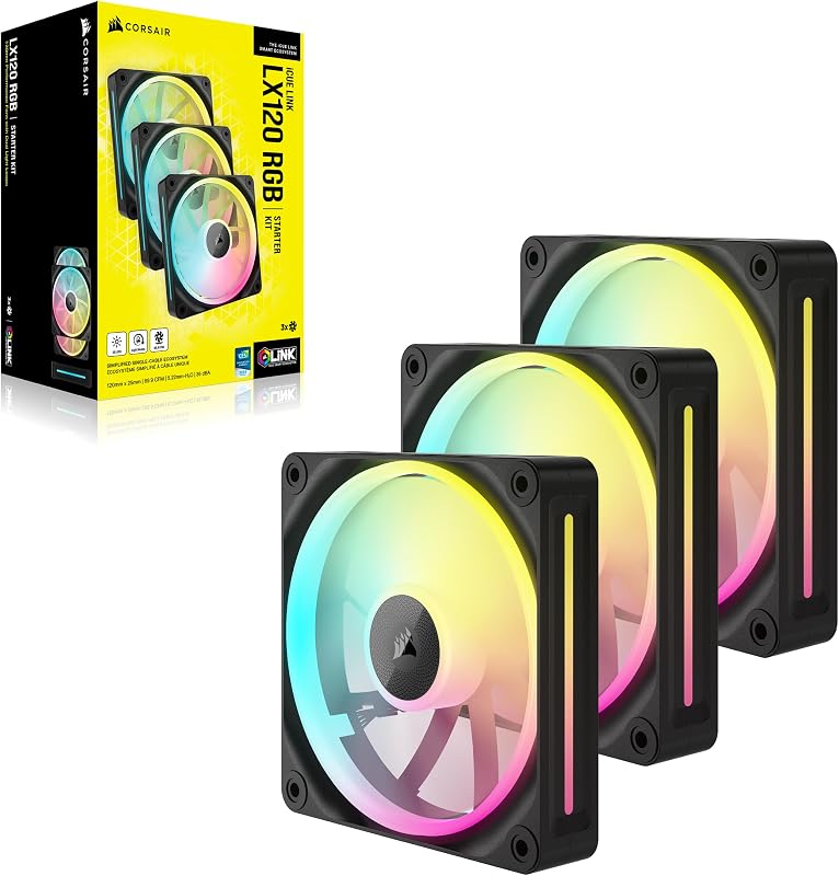 CORSAIR iCUE Link LX120 RGB 120 mm PWM Fans Triple Pack – Dual Light Loops – Inclui iCUE Link System Hub – Tecnologia CORSAIR AirGuide – Preto