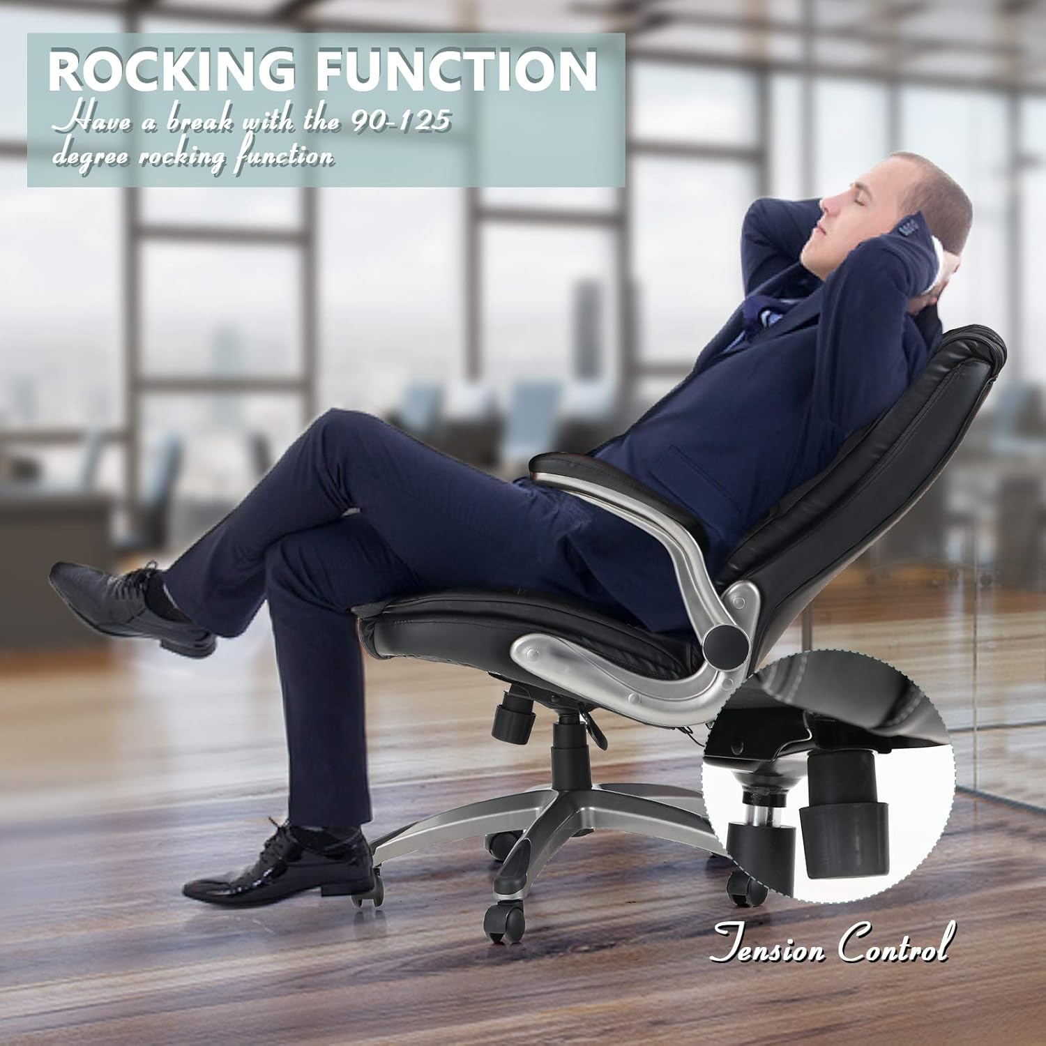 ALPHA HOME High Back Executive Chair Ergonomic Office Chair Managerial Computer Desk Chair Flip Up Armrest Big Tall Adjustable Height PU Leather Task Chair Rolling Swivel Chair-Capacity 400LBS: Kitchen & Dining