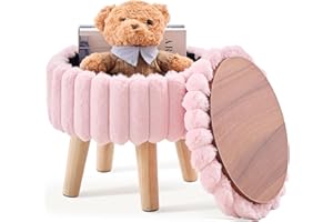 Wimarsbon Storage Ottoman,Soft Faux Fur Footstool with Padded Seat, Small Reading Vanity Chair, Footrest with Wood Tray for Couch, Mini Coffee Table or Display Stand (Pink, Round Storage)