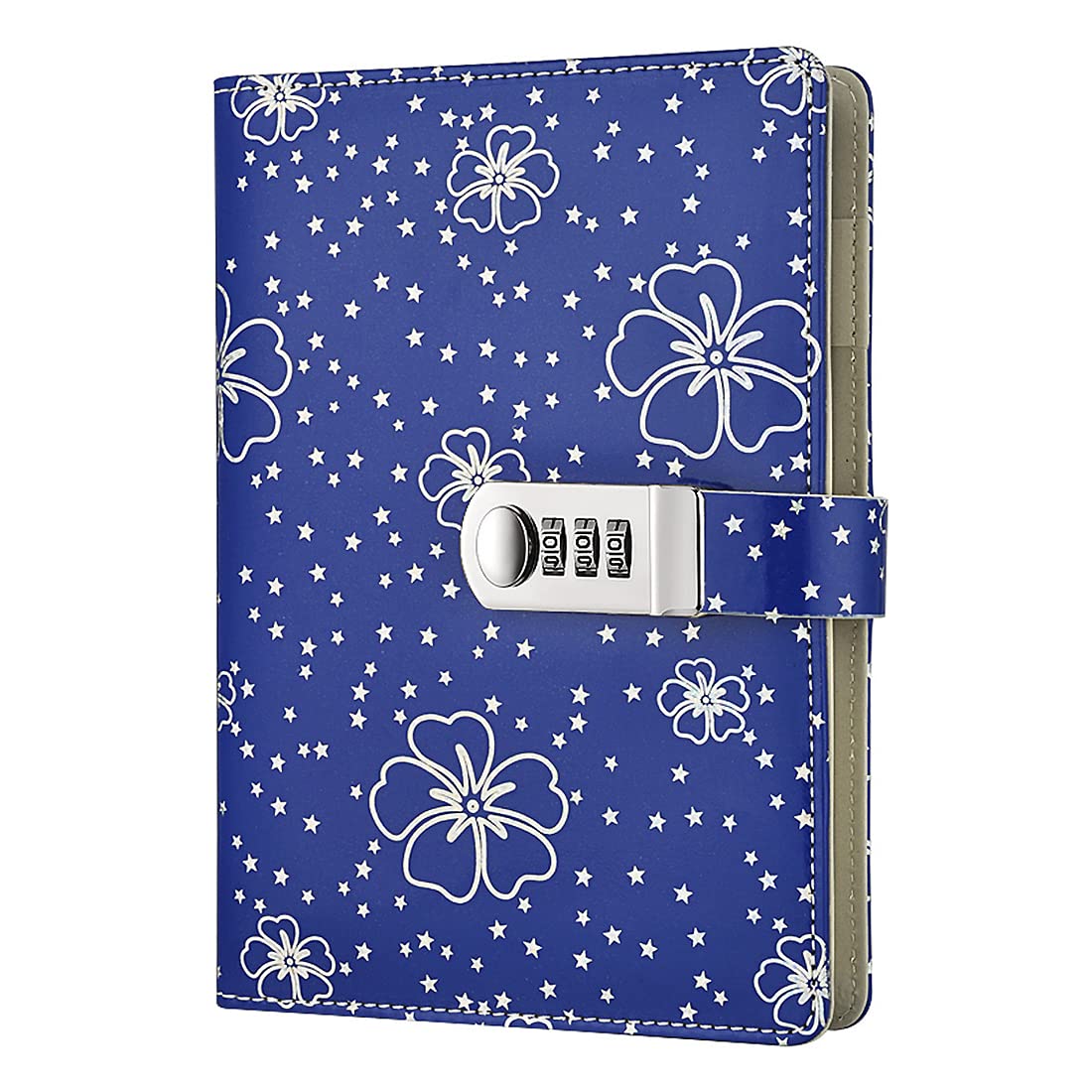 NectaRoy PU Leather Password Notebook Writing Journal Diary with Combination Lock, Flower and Star Pattern, Wire Binding Lined Notepad Personal Sketchbook with Pen Holder, 210x145mm