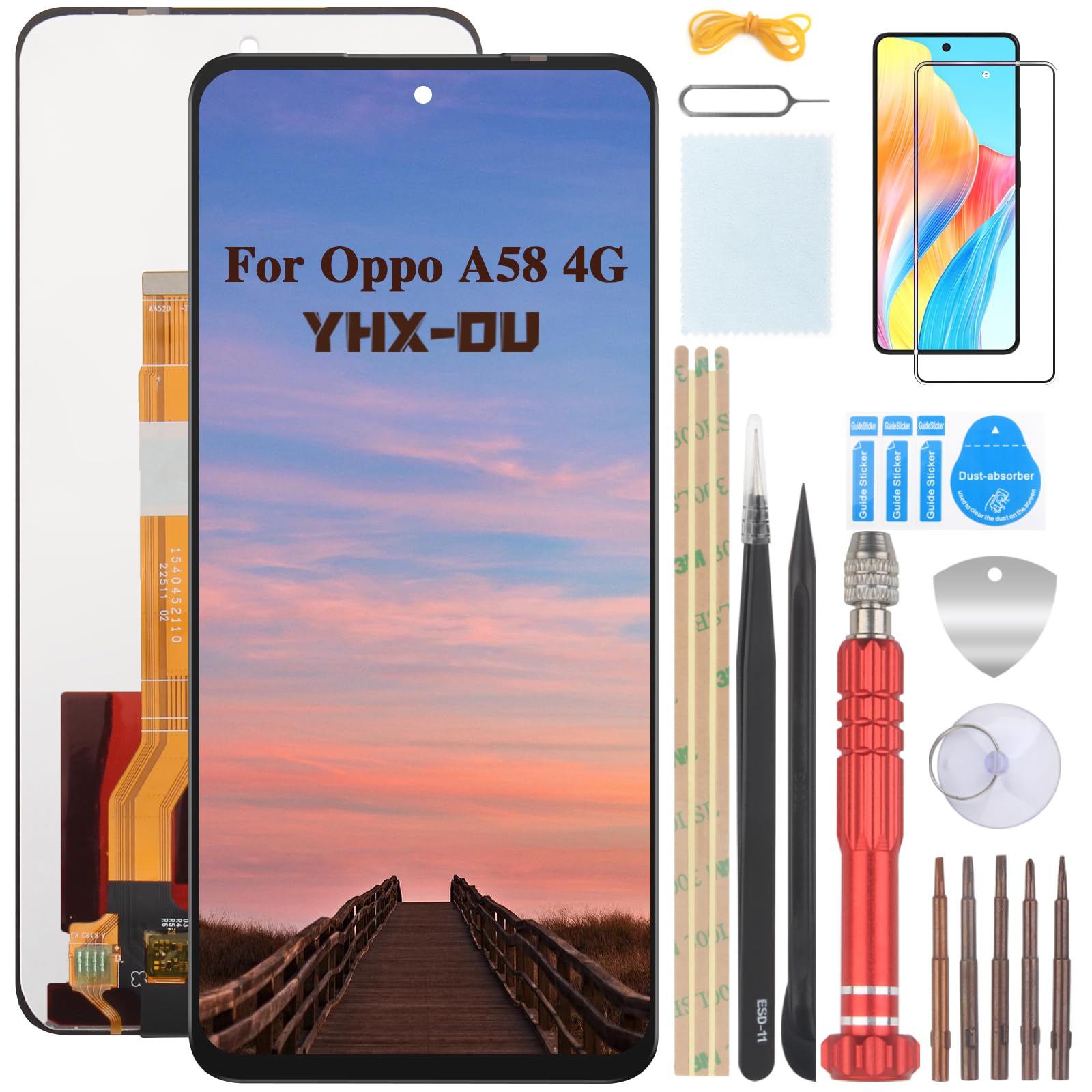YHX-OU 6.56 Inch Black Display for Oppo A58 4G CPH2577 LCD Display Touch Screen Replacement Screen LCD Glass Assembly Digitizer + 1 Piece Screen Protector + Tools