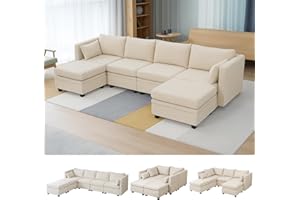 EDWINENE Modular Sectional Sofa with Storage, U Shaped Sectional Couch for Living Room, Convertible Sofa with Ottomans, High Supportive & Soft Sponge, 6 Seater, Beige