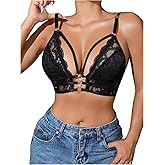 winkbay Women's Floral Lace Cut Out Wireless Bra Ring Linked Deep V Neck Strappy Sheer Bralettes