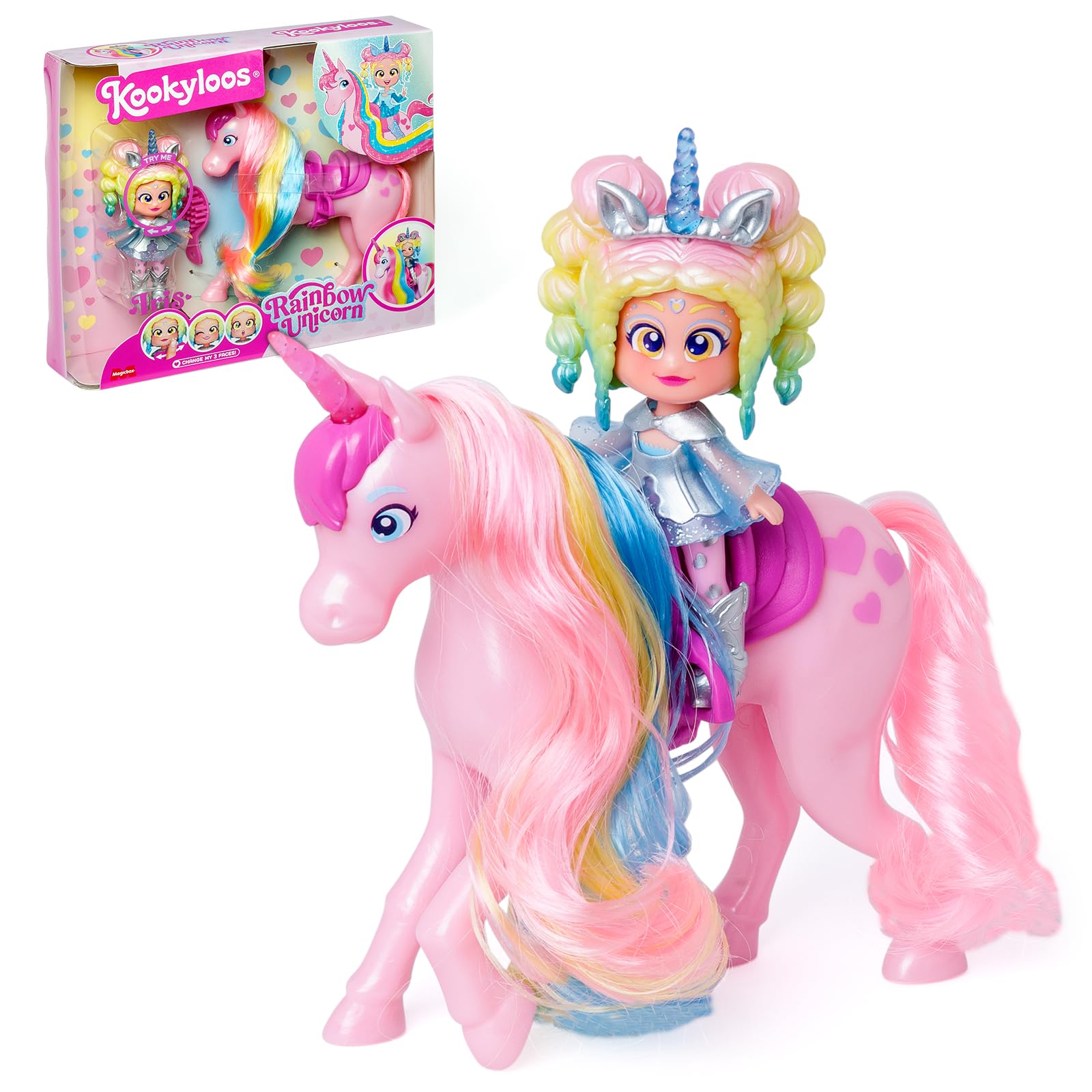 KOOKYLOOS Rainbow Unicorn – Unicorn with real hair and Iris doll. Includes Rainbow unicorn, exclusive Iris doll, fashionable clothes and shoes, 1 brush and 1 accessory