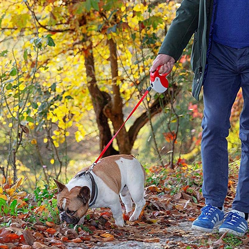 Guinzaglio per Cani Allungabile AMIGO MEDIUM, Guinzaglio per Cani Taglia Media fino a 25 Kg. Cordino max 5 m. Unico Pulsante per Blocco e Rilascio, Rosso, Cover Bianca