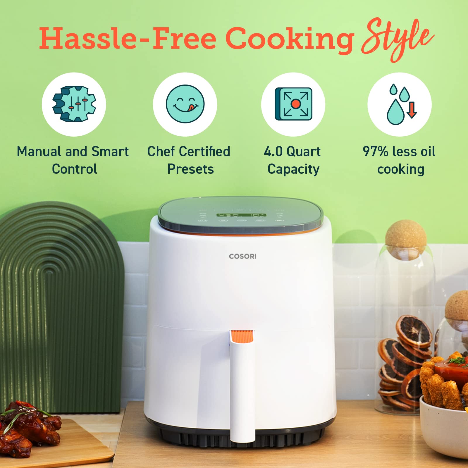Cosori Air Fryer 4 Qt, 7 funciones de cocción Airfryer, más de 150 recetas en la aplicación gratuita, 97% menos grasa Freidora de Aire, apta para lavavajillas, diseñada para 1-3 personas, Lite 4.0 Quart Smart Air Fryer, blanco