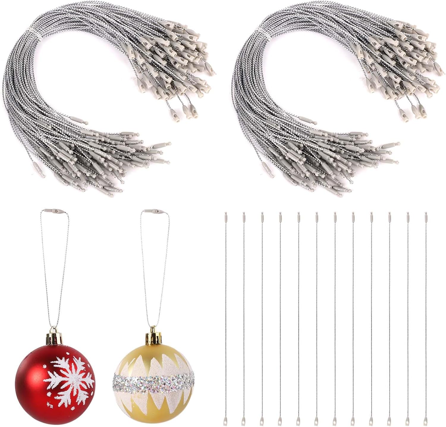 Ornament Hooks - 200pcs Christmas Ornament String Hangers, Metallic Decorative Ornament String Hangers with Snap Fasteners for Xmas Tree Hanging Holiday Party Ornament Decorations(Silver)