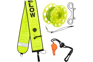 PLUZLUCE 5ft Scuba Diving Surface Marker Buoy (SMB), Safety Sausage with Plastic 98ft Finger Spool Reel and Double Ended Hook Clip + Emergency Whistle for Underwater Diving