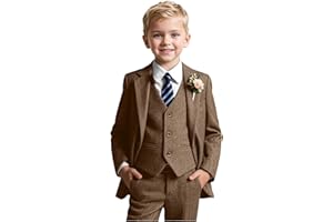ACAMZ Suits for Boys Tweed Herringbone 5 Piece Toddler Kids Wedding Outfit Teen Boy Blazer Vest Pant Suit Tuxedo Set with Shirt Tie